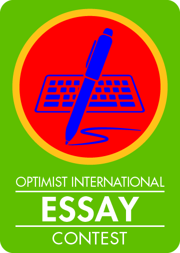 A green background, at the top is a cartoon image of a pen in front of a keyboard. At the bottom it says "Optimist International Essay Contest"