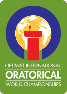 A green background, at the top is a cartoon image of a podium in front of a globe. At the bottom it says "Optimist International Oratorical Contest"