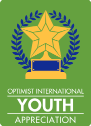 A green background, at the top is a cartoon image of a trophy. At the bottom it says "Optimist International Youth Appreciation"